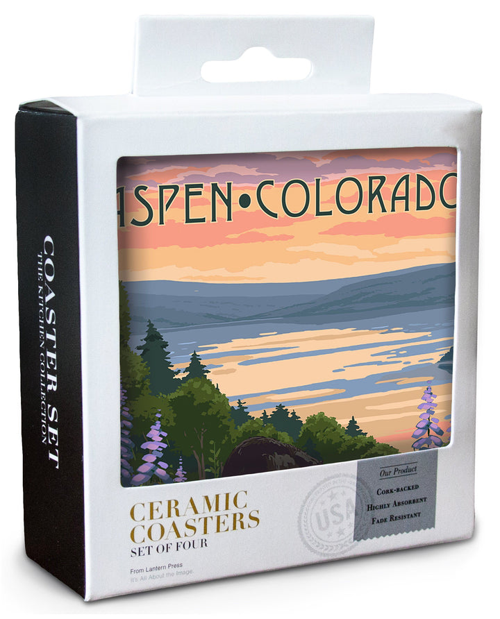 Aspen, Colorado, Lake & Bear Family, Lantern Press Artwork, Coaster Set Coasters Lantern Press 