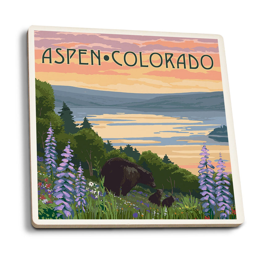 Aspen, Colorado, Lake & Bear Family, Lantern Press Artwork, Coaster Set Coasters Lantern Press 