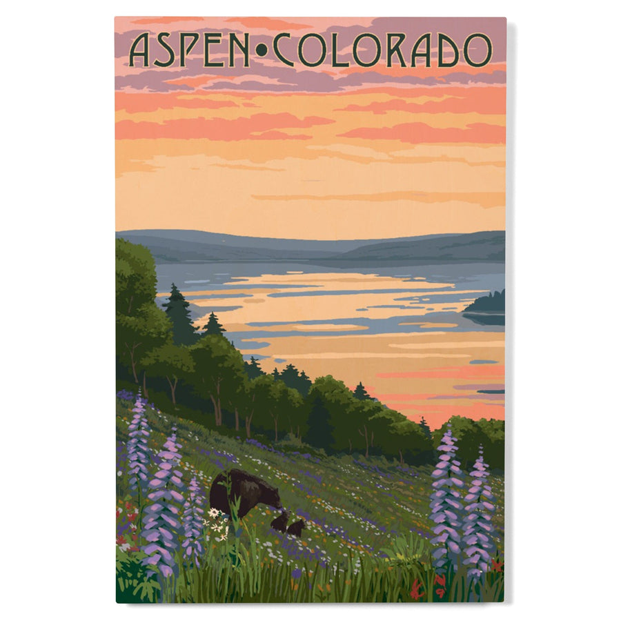Aspen, Colorado, Lake & Bear Family, Lantern Press Artwork, Wood Signs and Postcards Wood Lantern Press 