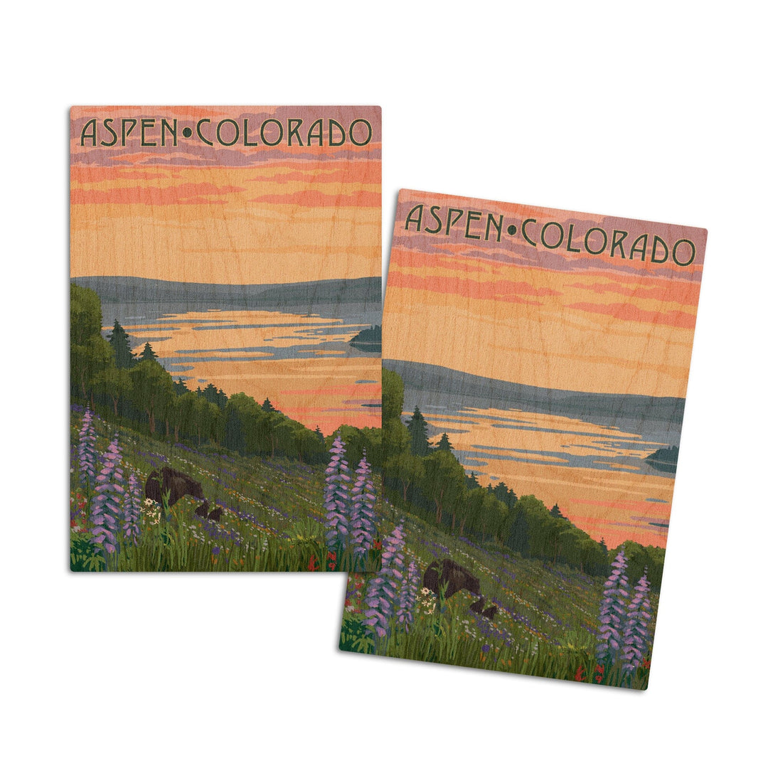 Aspen, Colorado, Lake & Bear Family, Lantern Press Artwork, Wood Signs and Postcards Wood Lantern Press 4x6 Wood Postcard Set 