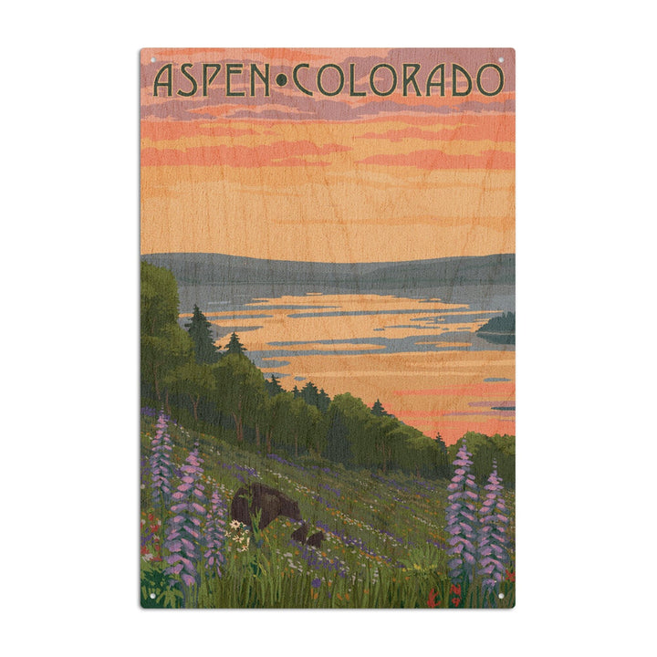 Aspen, Colorado, Lake & Bear Family, Lantern Press Artwork, Wood Signs and Postcards Wood Lantern Press 6x9 Wood Sign 