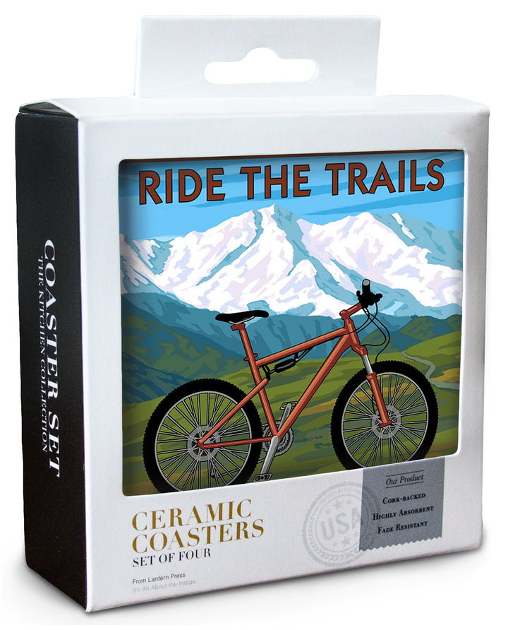 Aspen, Colorado, Ride the Trails, Mountain Bike, Lantern Press Artwork, Coaster Set Coasters Lantern Press 