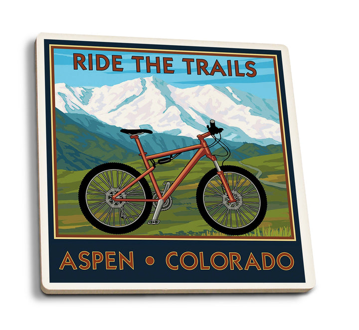 Aspen, Colorado, Ride the Trails, Mountain Bike, Lantern Press Artwork, Coaster Set Coasters Lantern Press 