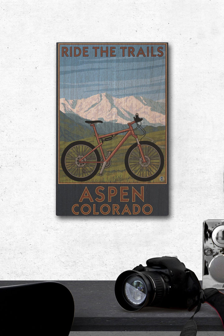 Aspen, Colorado, Ride the Trails, Mountain Bike, Lantern Press Artwork, Wood Signs and Postcards Wood Lantern Press 12 x 18 Wood Gallery Print 