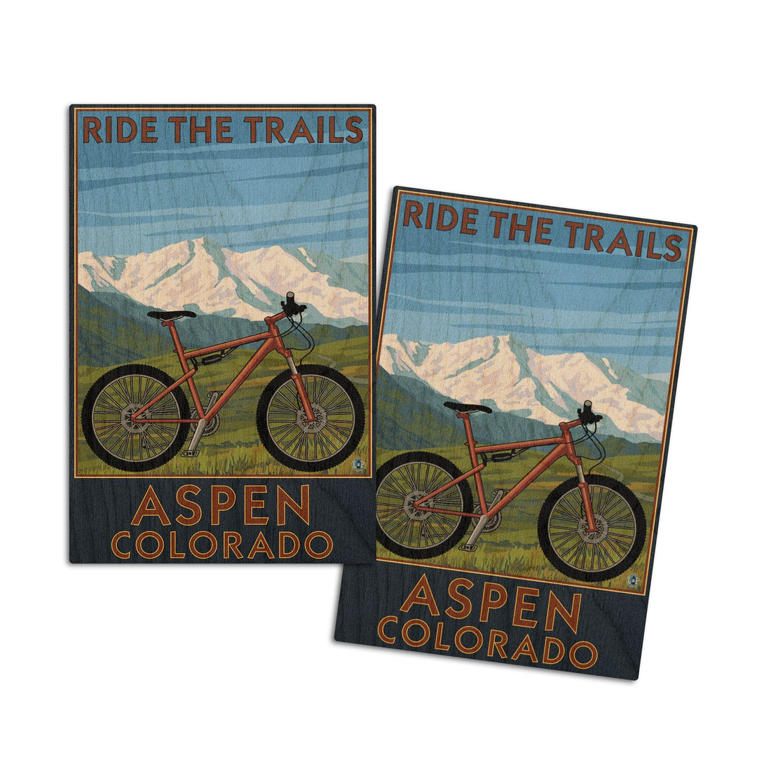 Aspen, Colorado, Ride the Trails, Mountain Bike, Lantern Press Artwork, Wood Signs and Postcards Wood Lantern Press 4x6 Wood Postcard Set 