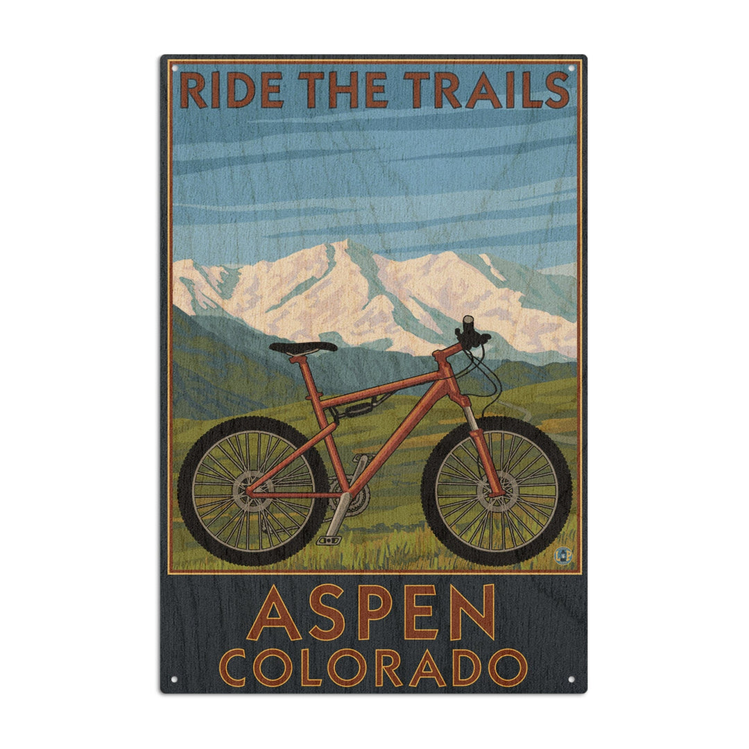 Aspen, Colorado, Ride the Trails, Mountain Bike, Lantern Press Artwork, Wood Signs and Postcards Wood Lantern Press 6x9 Wood Sign 
