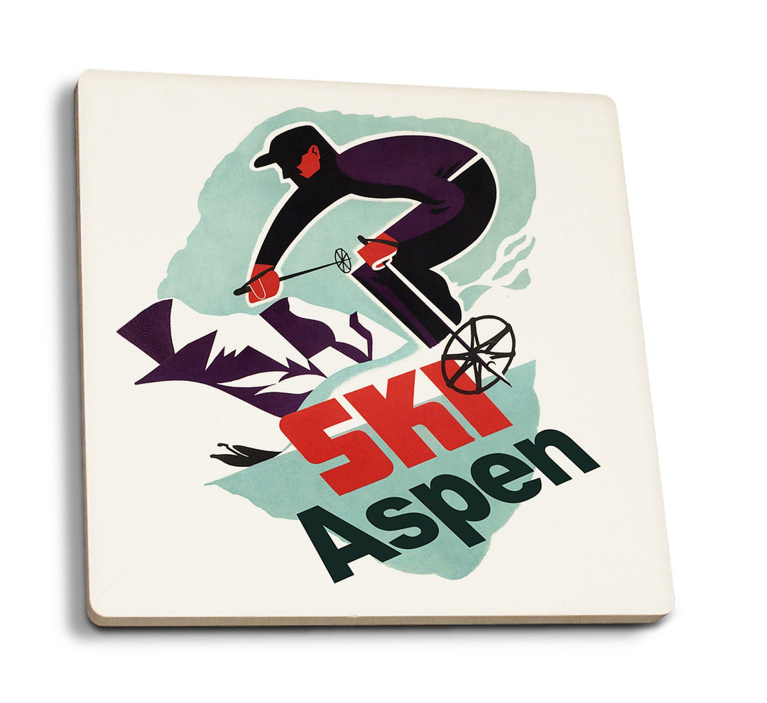 Aspen, Colorado, Ski in Colorado Vintage Skier, Lantern Press Artwork, Coaster Set Coasters Lantern Press 