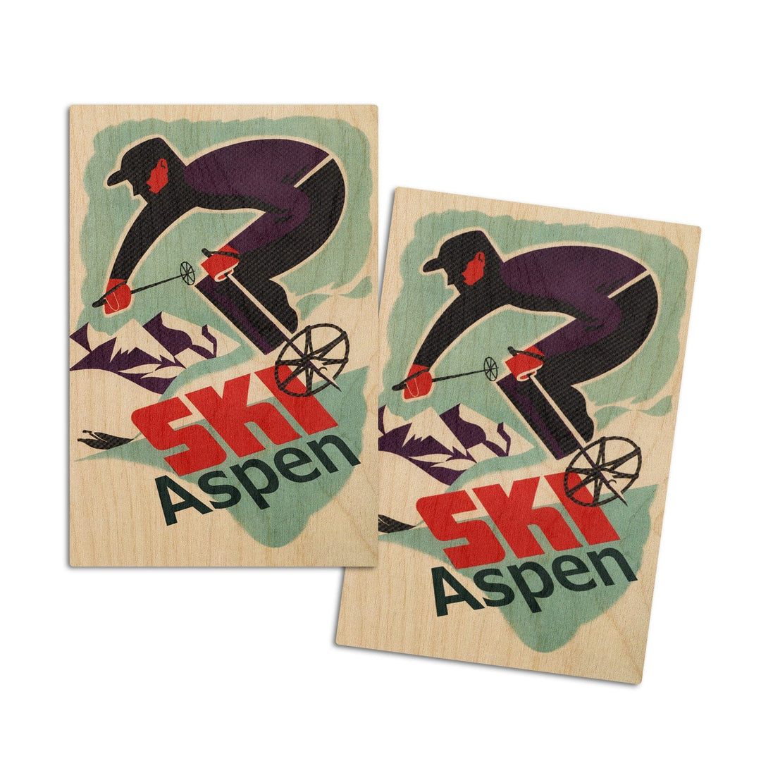 Aspen, Colorado, Ski in Colorado Vintage Skier, Lantern Press Artwork, Wood Signs and Postcards Wood Lantern Press 4x6 Wood Postcard Set 