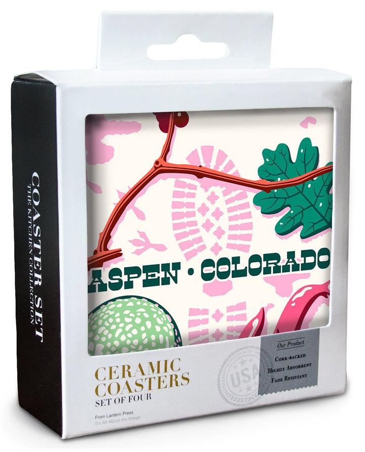 Aspen, Colorado, Take a Hike, Bootprint, Green & Pink, Vector, Lantern Press Artwork, Coaster Set Coasters Lantern Press 