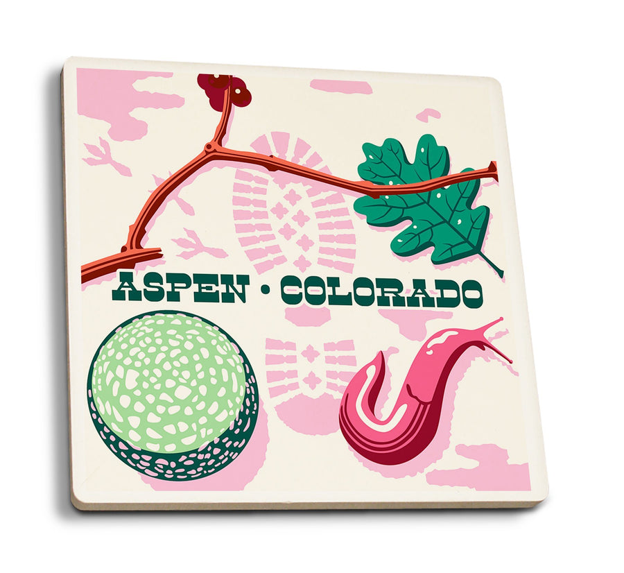 Aspen, Colorado, Take a Hike, Bootprint, Green & Pink, Vector, Lantern Press Artwork, Coaster Set Coasters Lantern Press 