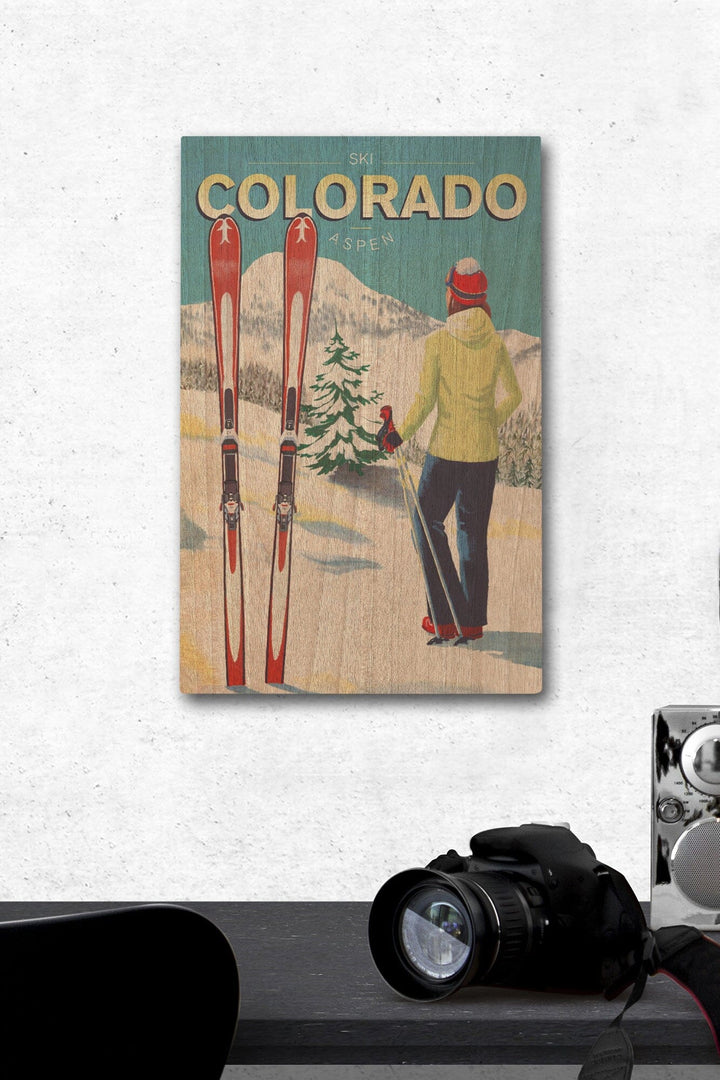 Aspen, Colorado, Woman Skier Mountain View, Ski Aspen, Lantern Press Artwork, Wood Signs and Postcards Wood Lantern Press 12 x 18 Wood Gallery Print 