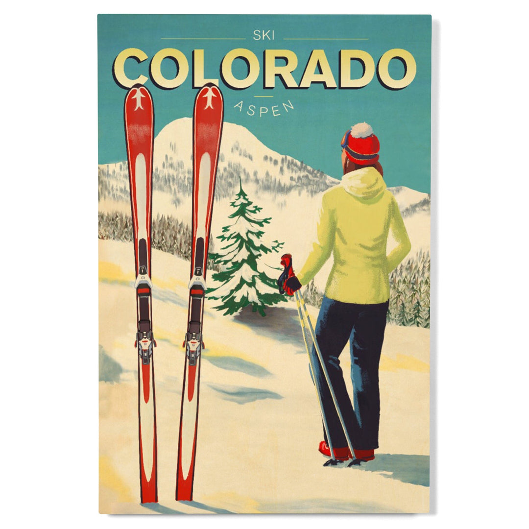 Aspen, Colorado, Woman Skier Mountain View, Ski Aspen, Lantern Press Artwork, Wood Signs and Postcards Wood Lantern Press 