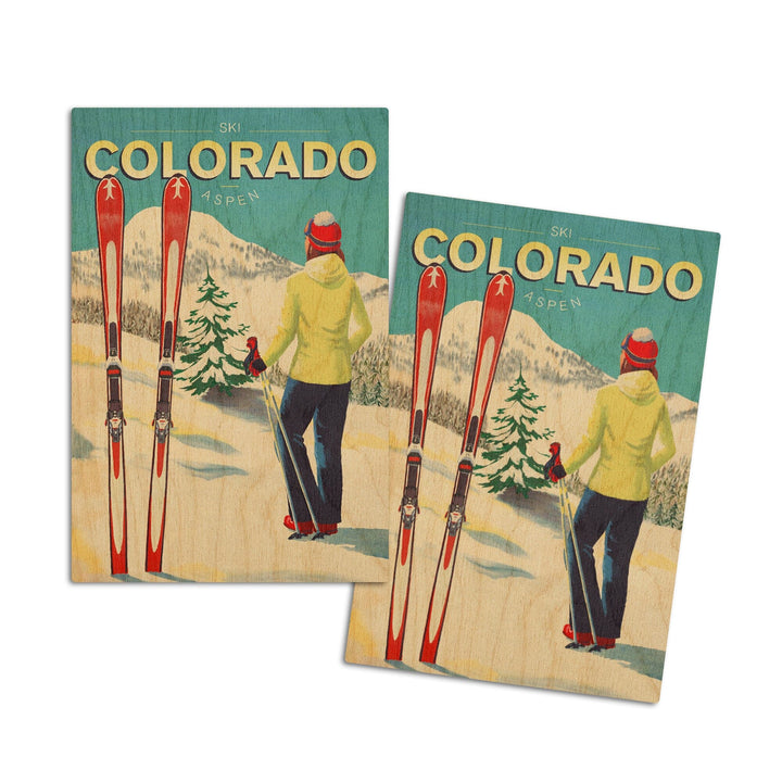 Aspen, Colorado, Woman Skier Mountain View, Ski Aspen, Lantern Press Artwork, Wood Signs and Postcards Wood Lantern Press 4x6 Wood Postcard Set 