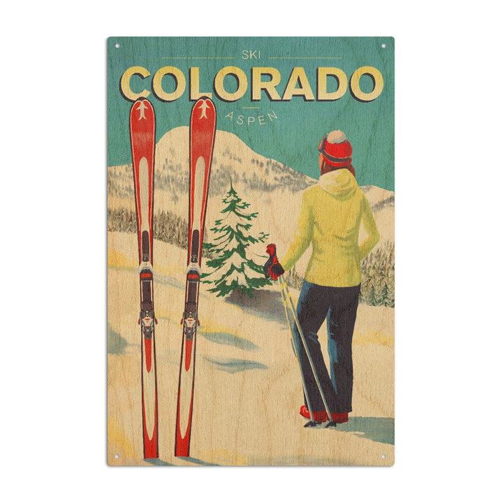 Aspen, Colorado, Woman Skier Mountain View, Ski Aspen, Lantern Press Artwork, Wood Signs and Postcards Wood Lantern Press 6x9 Wood Sign 