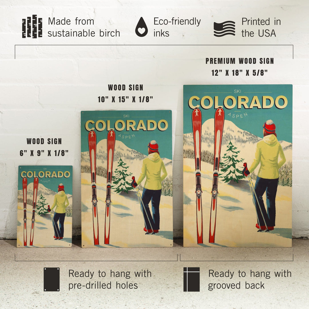 Aspen, Colorado, Woman Skier Mountain View, Ski Aspen, Lantern Press Artwork, Wood Signs and Postcards Wood Lantern Press 
