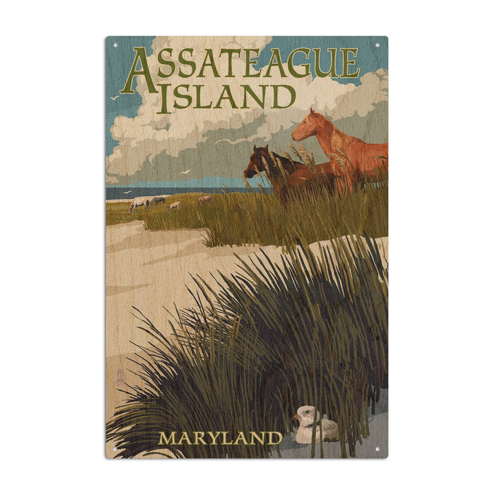 Assateague Island, Maryland, Horses & Dunes, Lantern Press Artwork, Wood Signs and Postcards Wood Lantern Press 10 x 15 Wood Sign 