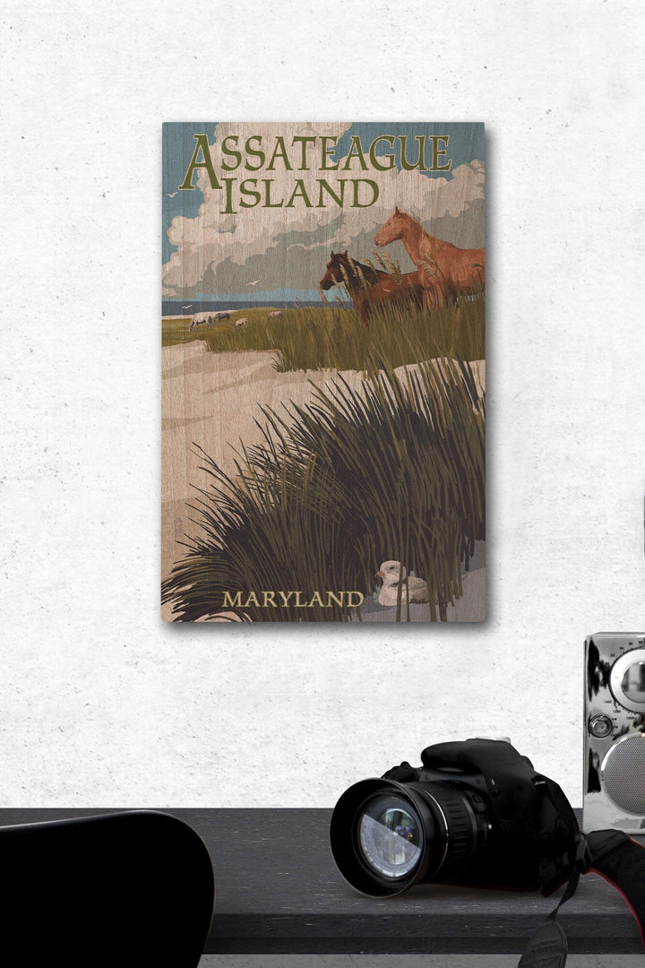 Assateague Island, Maryland, Horses & Dunes, Lantern Press Artwork, Wood Signs and Postcards Wood Lantern Press 12 x 18 Wood Gallery Print 