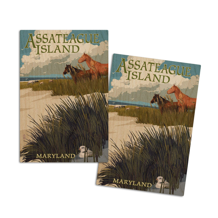 Assateague Island, Maryland, Horses & Dunes, Lantern Press Artwork, Wood Signs and Postcards Wood Lantern Press 4x6 Wood Postcard Set 