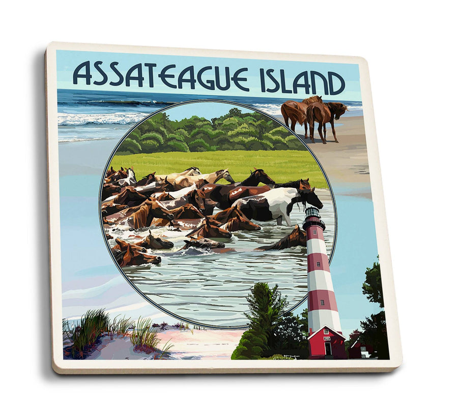 Assateague Island, Maryland, Montage, Lantern Press Artwork, Coaster Set Coasters Lantern Press 