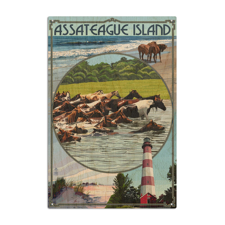 Assateague Island, Maryland, Montage, Lantern Press Artwork, Wood Signs and Postcards Wood Lantern Press 10 x 15 Wood Sign 