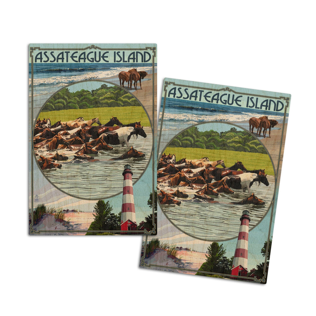 Assateague Island, Maryland, Montage, Lantern Press Artwork, Wood Signs and Postcards Wood Lantern Press 4x6 Wood Postcard Set 