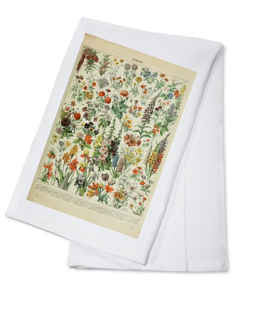 Assorted Flowers, A, Vintage Bookplate, Adolphe Millot Artwork, Towels and Aprons Kitchen Lantern Press Cotton Towel 