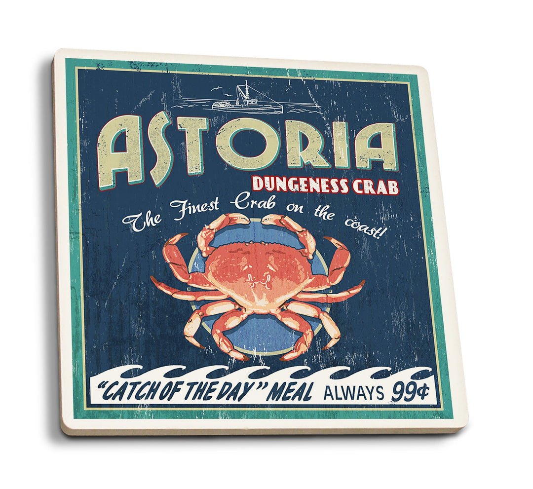Astoria, Oregon, Dungeness Crab, Vintage Sign, Lantern Press Artwork, Coaster Set Coasters Lantern Press 