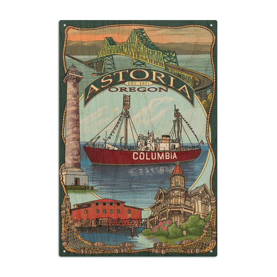 Astoria, Oregon, Montage, Contour, Lantern Press Artwork, Wood Signs and Postcards Wood Lantern Press 