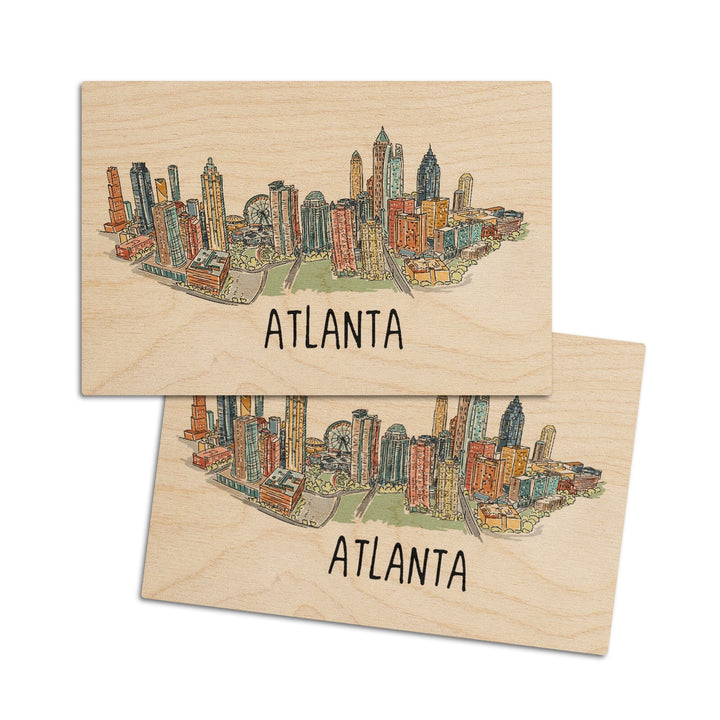 Atlanta, Georgia, Line Drawing, Lantern Press Artwork, Wood Signs and Postcards Wood Lantern Press 4x6 Wood Postcard Set 