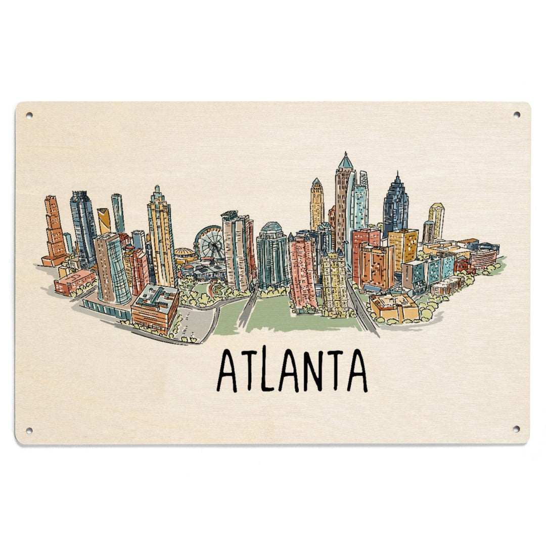Atlanta, Georgia, Line Drawing, Lantern Press Artwork, Wood Signs and Postcards Wood Lantern Press 