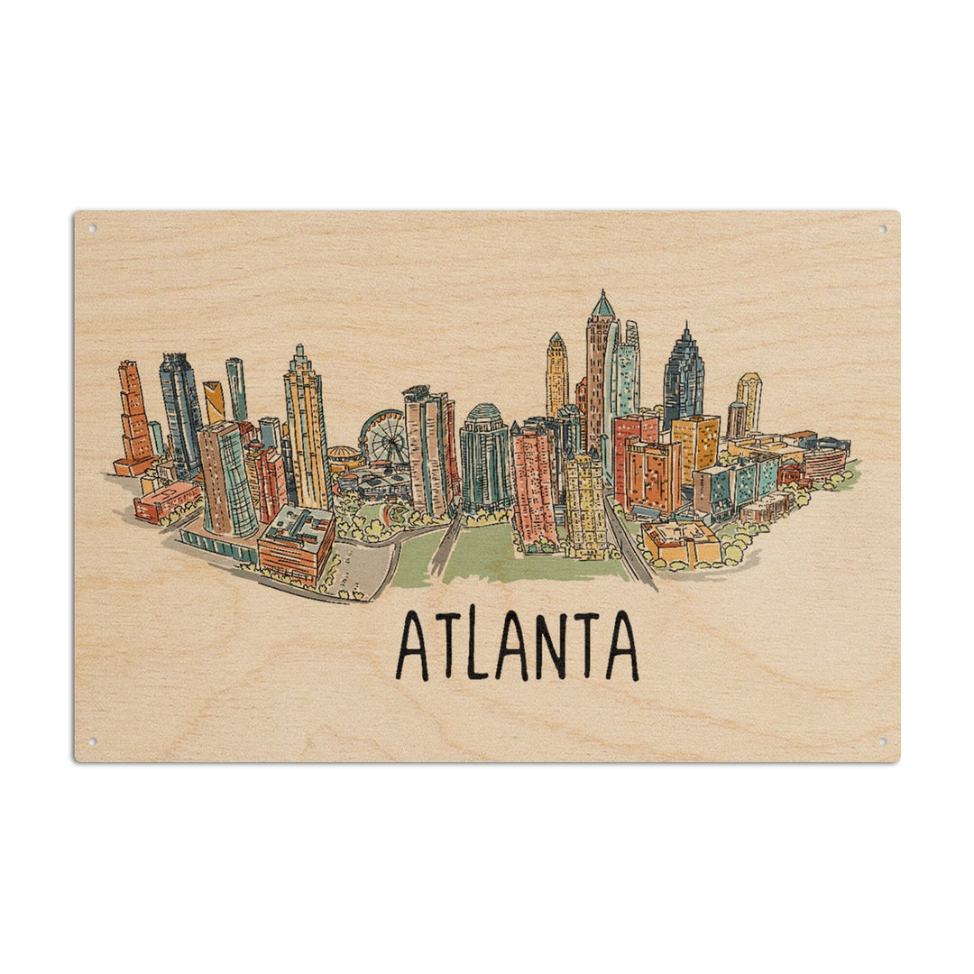 Atlanta, Georgia, Line Drawing, Lantern Press Artwork, Wood Signs and Postcards Wood Lantern Press 6x9 Wood Sign 
