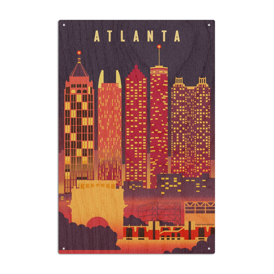Atlanta, Georgia, Neon Skyline, Lantern Press Artwork, Wood Signs and Postcards Wood Lantern Press 10 x 15 Wood Sign 