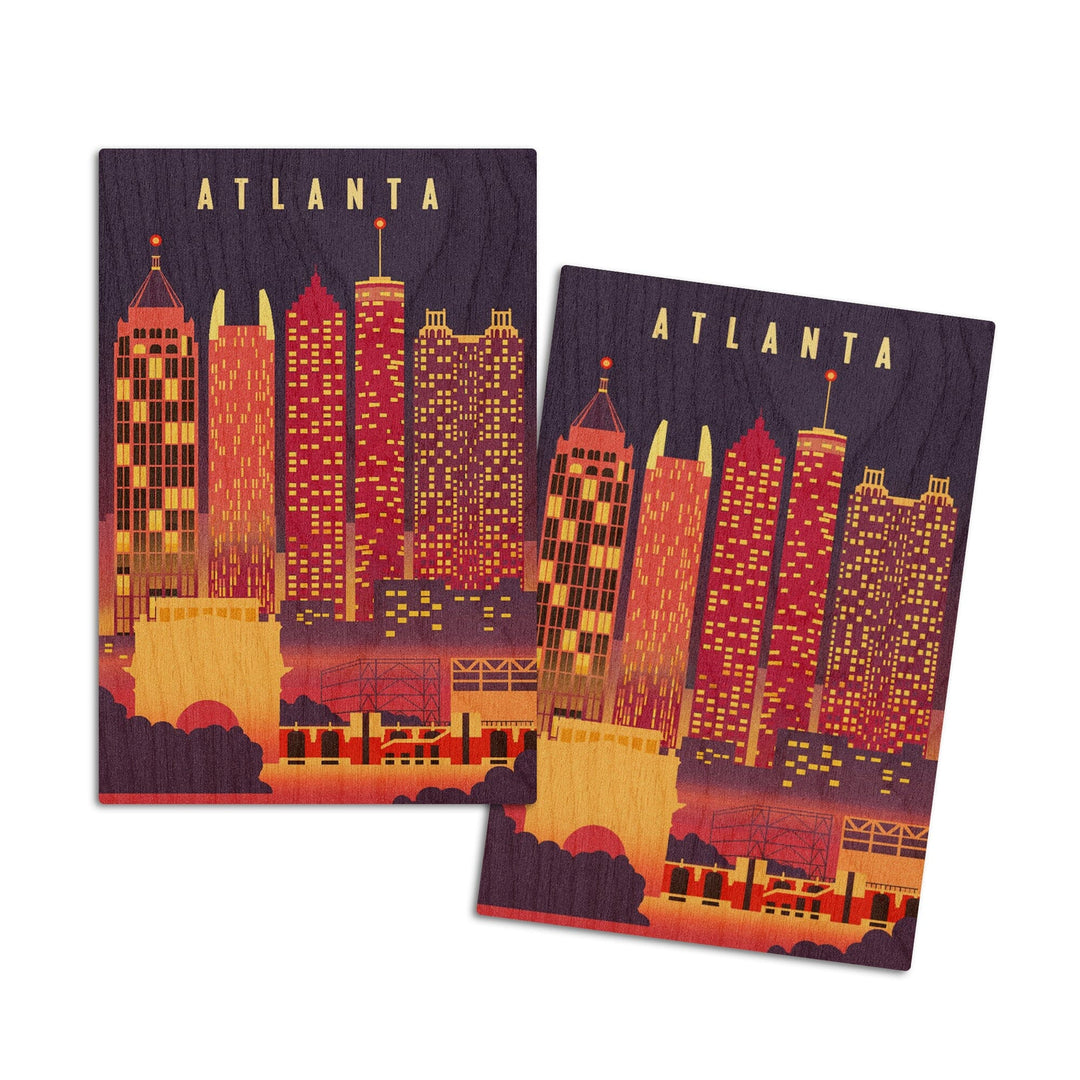 Atlanta, Georgia, Neon Skyline, Lantern Press Artwork, Wood Signs and Postcards Wood Lantern Press 4x6 Wood Postcard Set 