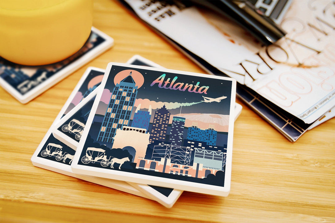 Atlanta, Georgia, Retro Skyline Chromatic Series, Lantern Press Artwork, Coaster Set Coasters Lantern Press 