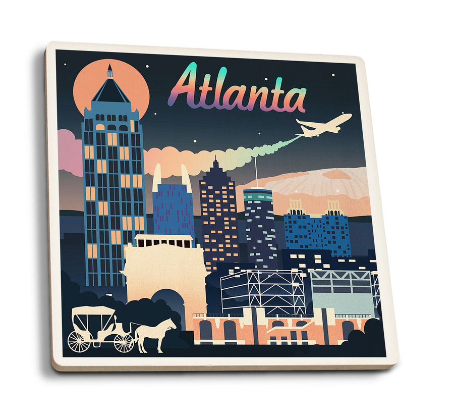 Atlanta, Georgia, Retro Skyline Chromatic Series, Lantern Press Artwork, Coaster Set Coasters Lantern Press 