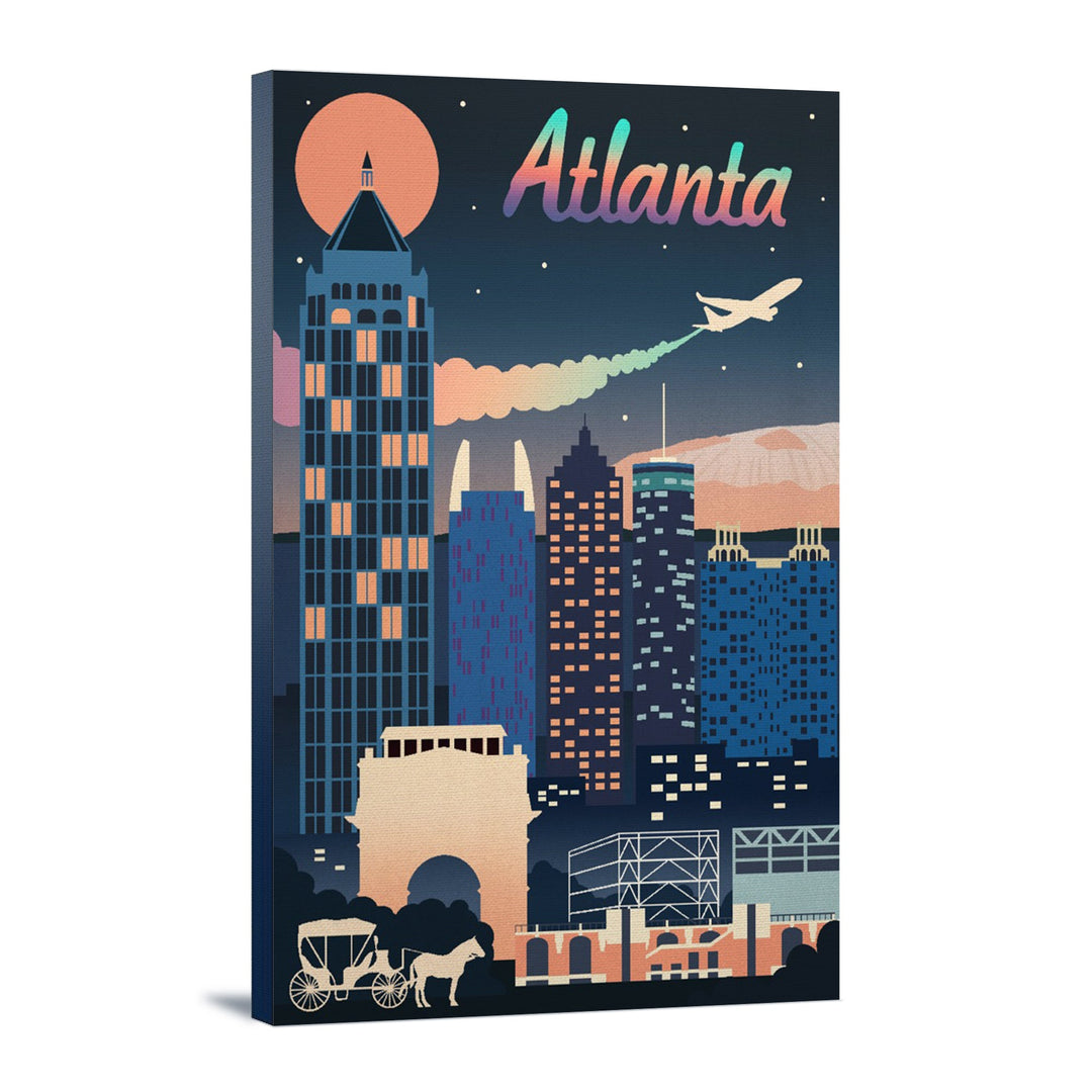 Atlanta, Georgia, Retro Skyline Chromatic Series, Lantern Press Artwork, Stretched Canvas Canvas Lantern Press 12x18 Stretched Canvas 