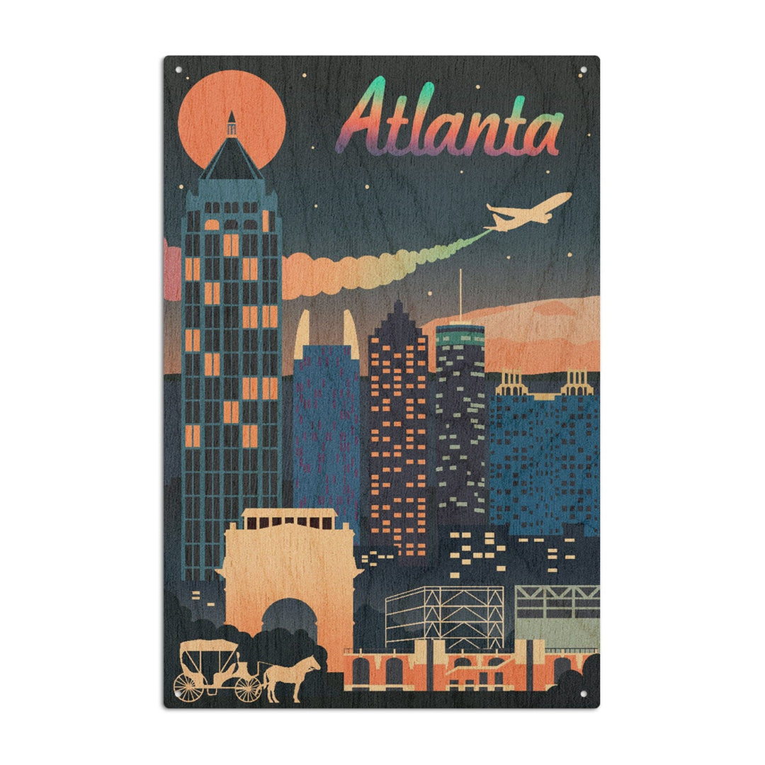 Atlanta, Georgia, Retro Skyline Chromatic Series, Lantern Press Artwork, Wood Signs and Postcards Wood Lantern Press 10 x 15 Wood Sign 