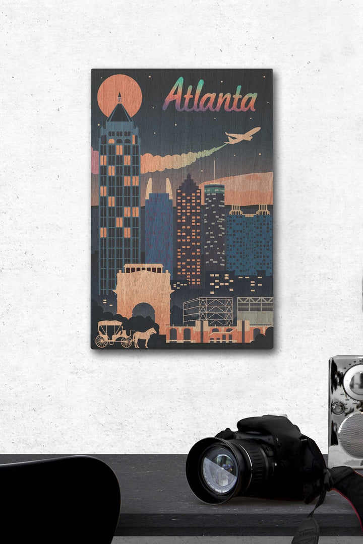 Atlanta, Georgia, Retro Skyline Chromatic Series, Lantern Press Artwork, Wood Signs and Postcards Wood Lantern Press 12 x 18 Wood Gallery Print 