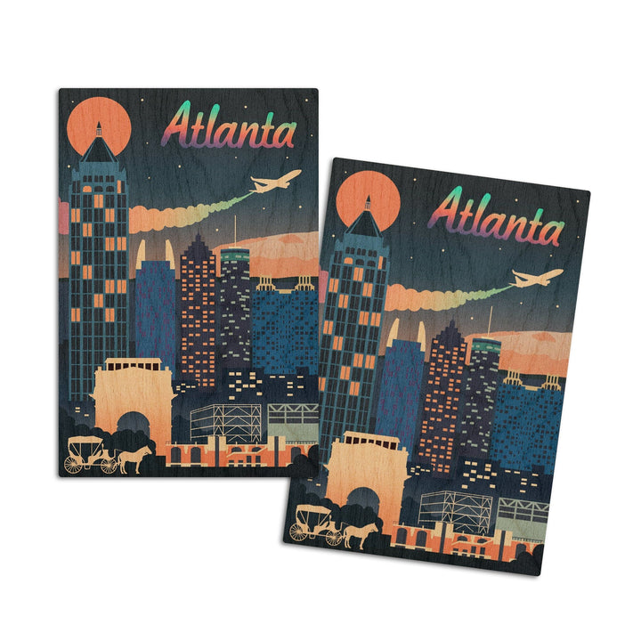 Atlanta, Georgia, Retro Skyline Chromatic Series, Lantern Press Artwork, Wood Signs and Postcards Wood Lantern Press 4x6 Wood Postcard Set 