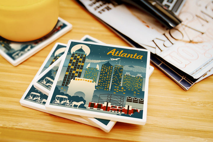 Atlanta, Georgia, Retro Skyline, Lantern Press Artwork, Coaster Set Coasters Lantern Press 
