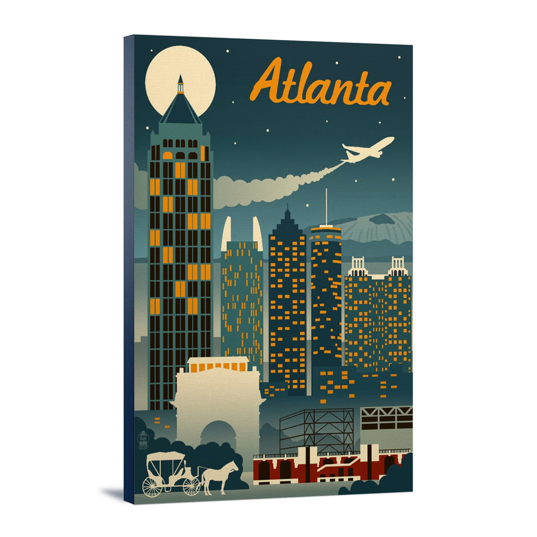 Atlanta, Georgia, Retro Skyline, Lantern Press Artwork, Stretched Canvas Canvas Lantern Press 12x18 Stretched Canvas 