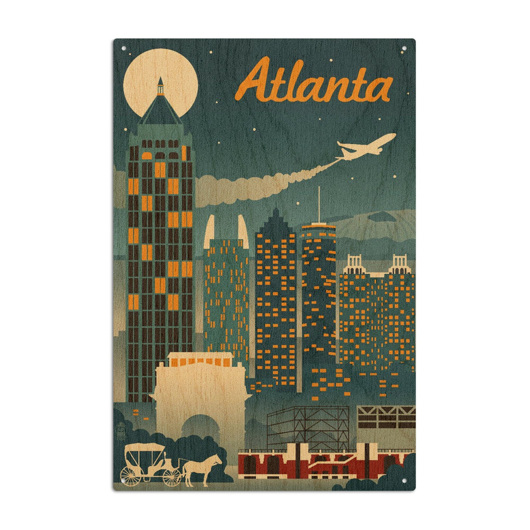 Atlanta, Georgia, Retro Skyline, Lantern Press Artwork, Wood Signs and Postcards Wood Lantern Press 10 x 15 Wood Sign 