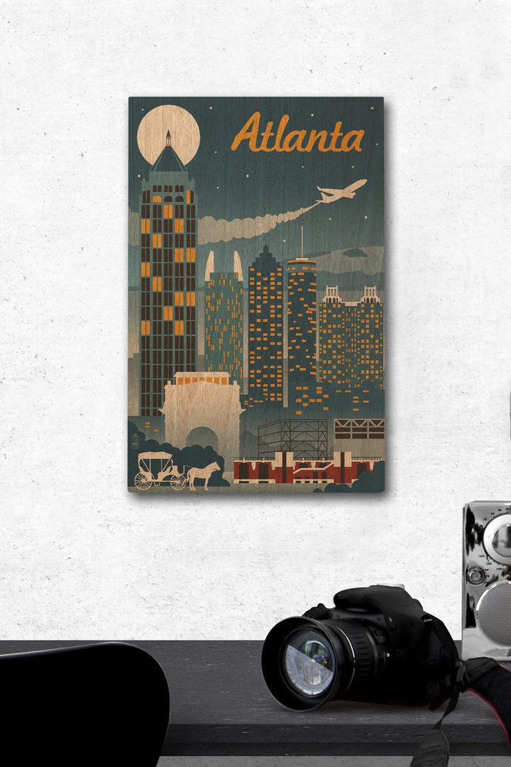 Atlanta, Georgia, Retro Skyline, Lantern Press Artwork, Wood Signs and Postcards Wood Lantern Press 12 x 18 Wood Gallery Print 