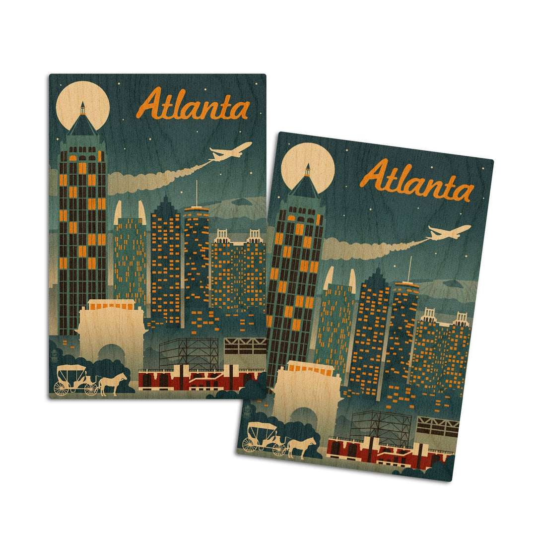 Atlanta, Georgia, Retro Skyline, Lantern Press Artwork, Wood Signs and Postcards Wood Lantern Press 4x6 Wood Postcard Set 