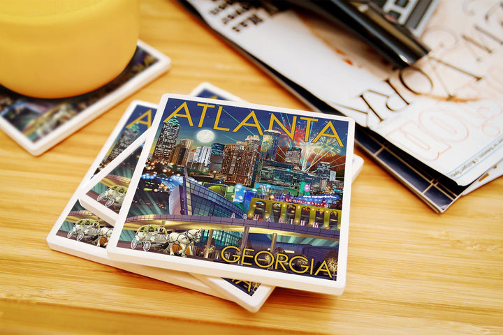 Atlanta, Georgia, Skyline at Night, Lantern Press Artwork, Coaster Set Coasters Lantern Press 