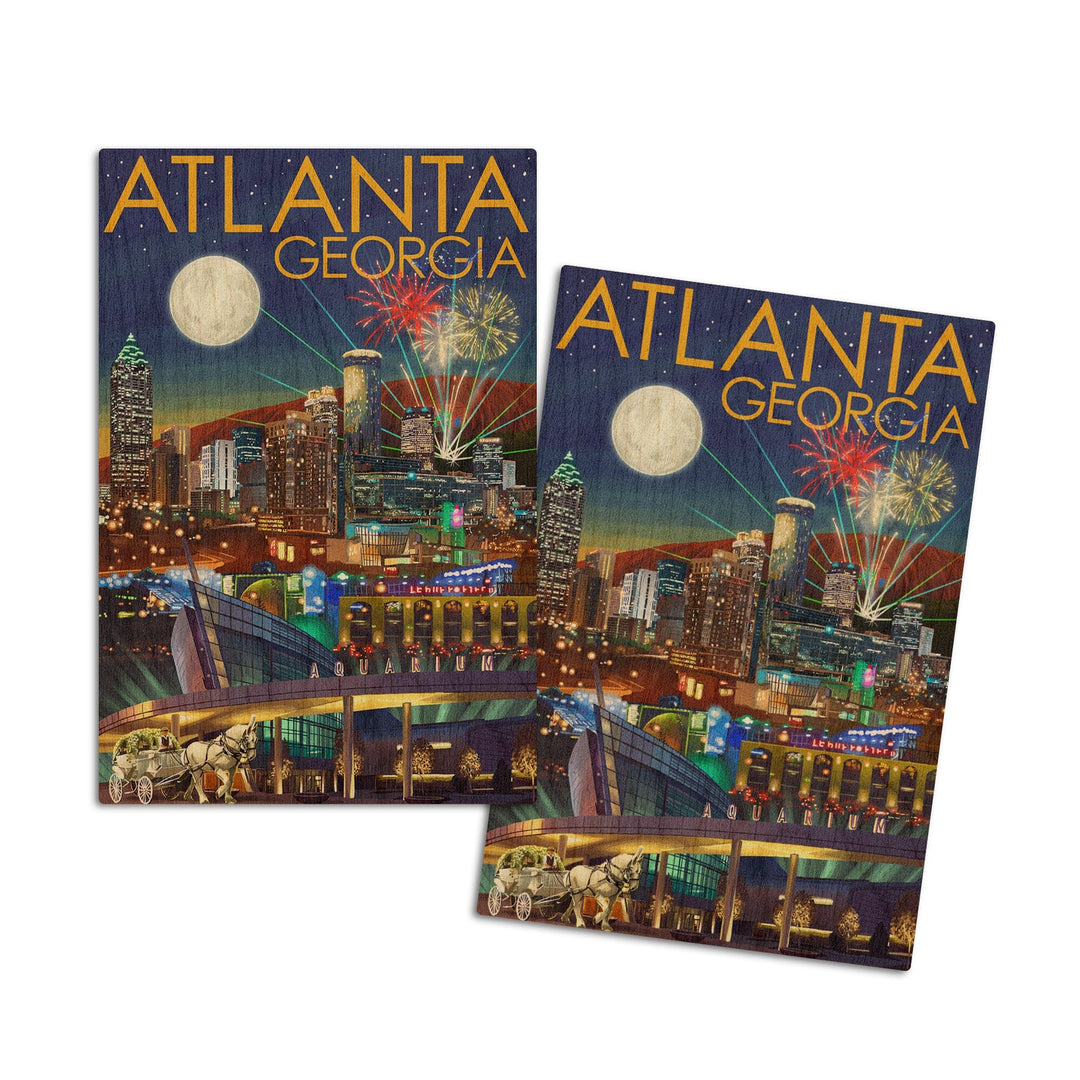 Atlanta, Georgia, Skyline at Night, Lantern Press Artwork, Wood Signs and Postcards Wood Lantern Press 4x6 Wood Postcard Set 