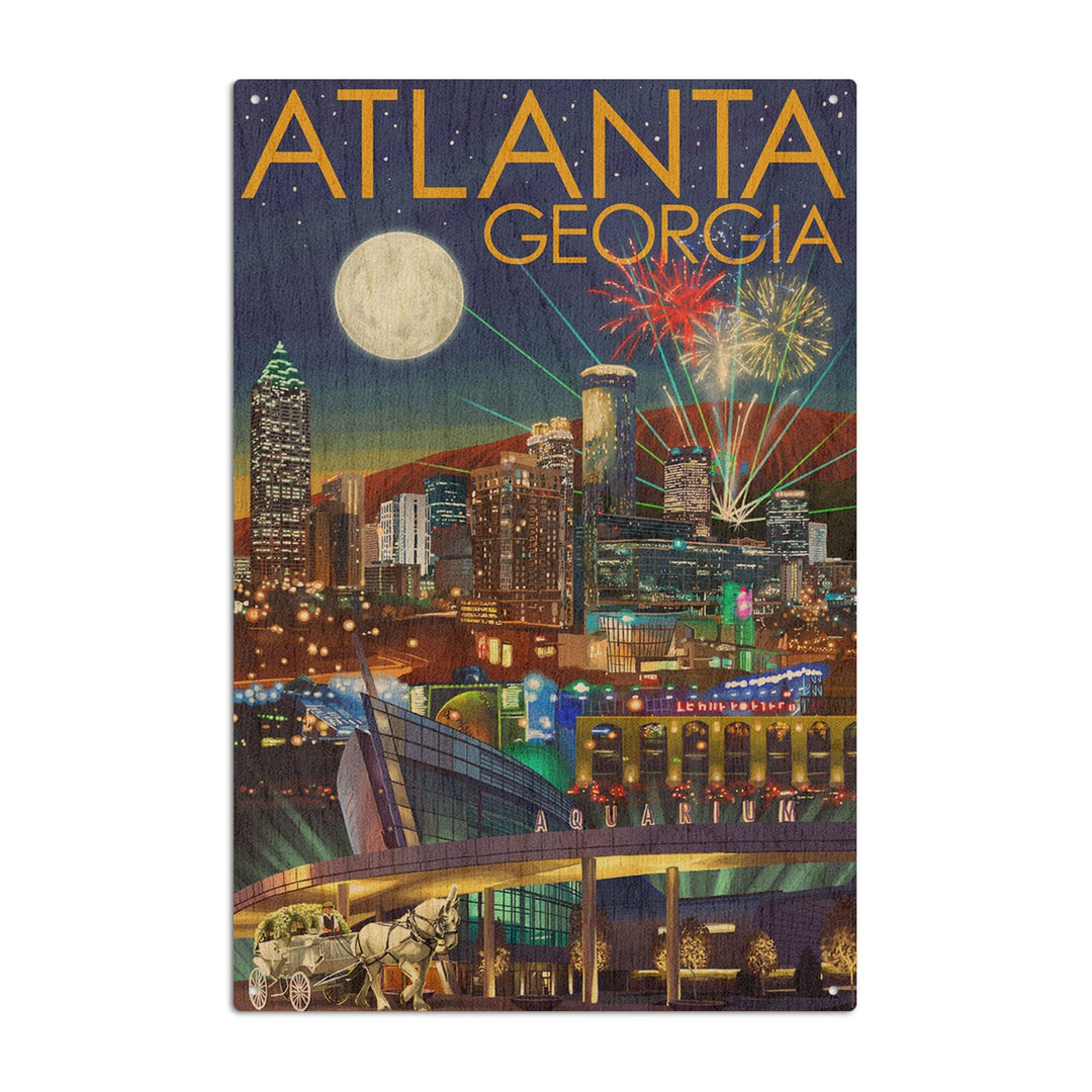Atlanta, Georgia, Skyline at Night, Lantern Press Artwork, Wood Signs and Postcards Wood Lantern Press 6x9 Wood Sign 