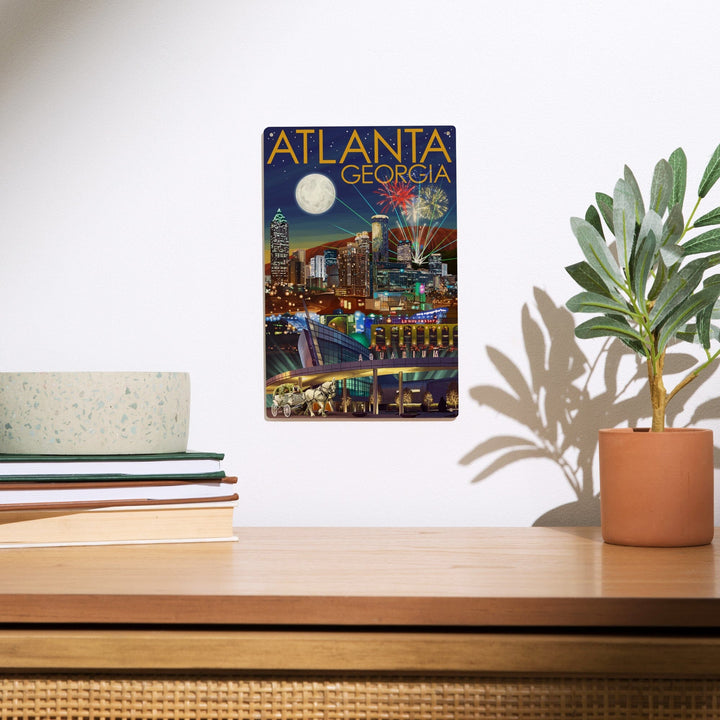 Atlanta, Georgia, Skyline at Night, Lantern Press Artwork, Wood Signs and Postcards Wood Lantern Press 