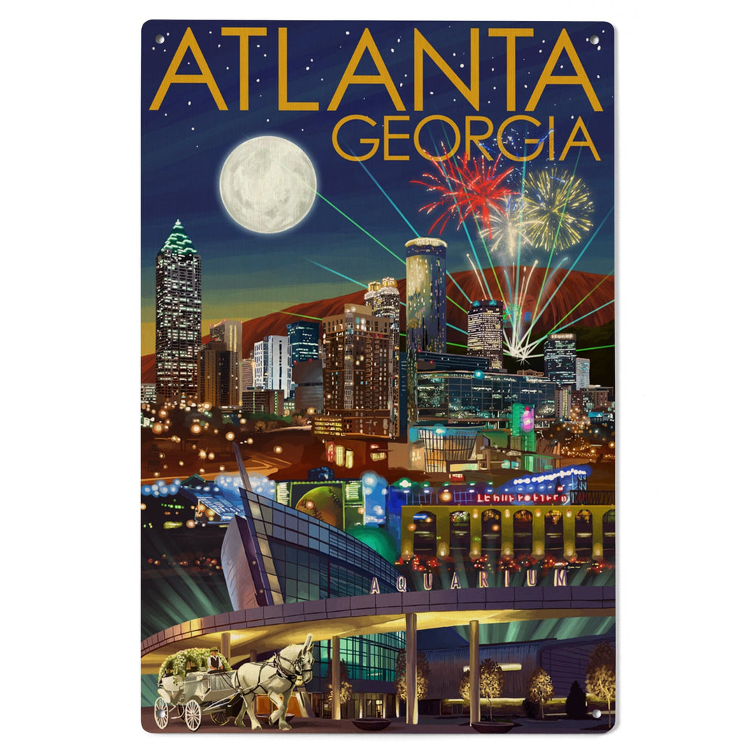 Atlanta, Georgia, Skyline at Night, Lantern Press Artwork, Wood Signs and Postcards Wood Lantern Press 