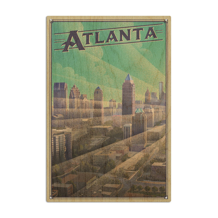 Atlanta, Georgia, Skyline, Litho, Lantern Press Artwork, Wood Signs and Postcards Wood Lantern Press 10 x 15 Wood Sign 